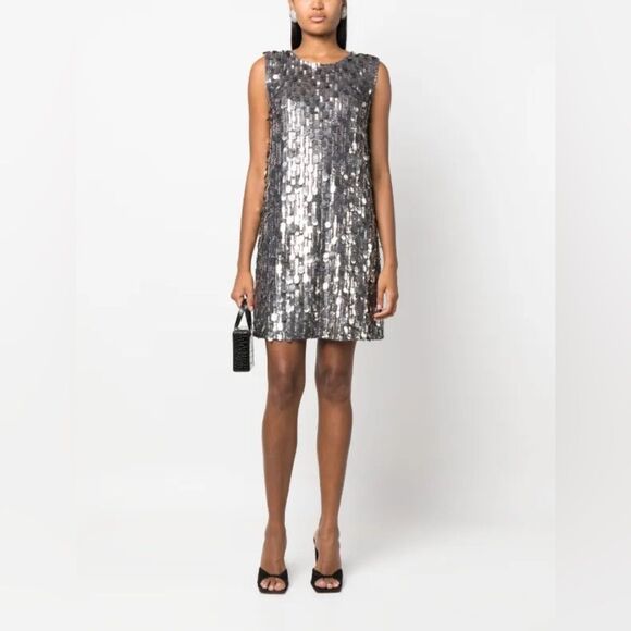 NEW PAROSH Silver Sequin Sleeveless Shift Dress XS 0 2 - Picture 2 of 8